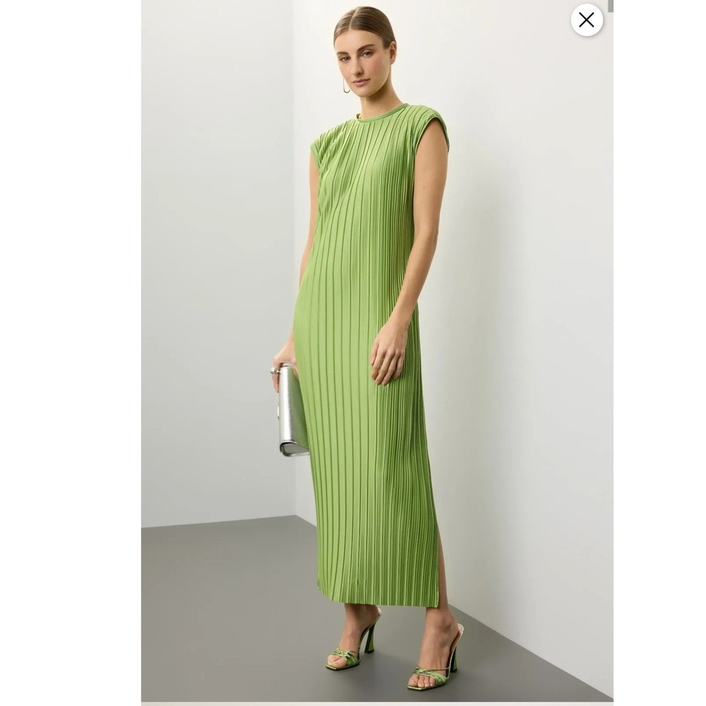 Atlein x Rent The Runway Dress Small Green Pleated Plisse Sleeveless Midi Slits